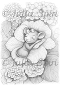 A Hydrangea Bed for the Sleeping Sweet Mouse - Printable grayscale coloring page for adults by Julia Spiri, instant download