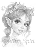 Innocent Forest Elf with Caterpillar Friend – whimsical grayscale coloring page by Julia Spiri