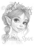 Innocent Forest Elf with Caterpillar Friend – whimsical grayscale coloring page by Julia Spiri