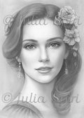 Lucrecia - Printable grayscale coloring page for adults by Julia Spiri, instant download