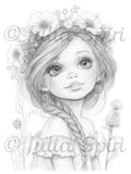 Grayscale coloring page Summer and Berry Sweet – fantasy girl with berry crown and wildflowers by Julia Spiri