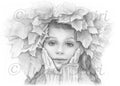 Coloring Page, Girl, Realistic Portrait, Leaves, Grayscale. Autumn - The Art of Julia Spiri