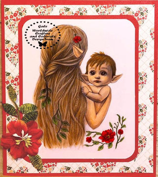 Grayscale Coloring Page, Cute Baby Elf and his Mama. Mama Elf's Loving Embrace