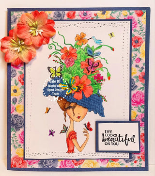 Coloring page, Girl with Fantasy Hat. The Butterfly Hat