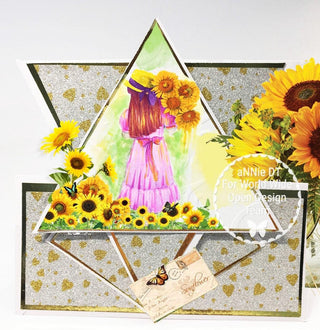 Page de coloriage en niveaux de gris, fille aux tournesols. Ensoleillé