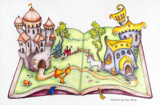 Página para colorear, castillo, unicornio, manguera de fantasía. libro magico