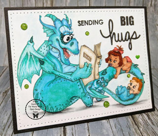 Coloriage, bébé fille et bébé garçon écoutent l'histoire. Nounou dragon