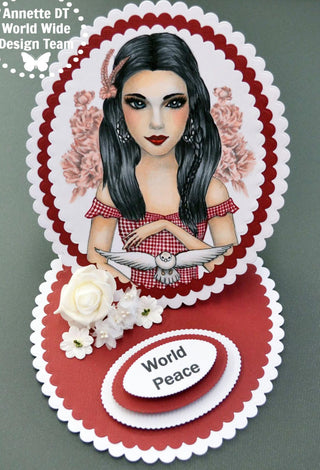 Page de coloriage en niveaux de gris, fille avec colombe. Paix