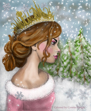Grayscale Coloring Page, Snow Girl with Crown. Winter Queen - The Art of Julia Spiri