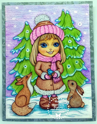 Coloring Page, Whimsy Cute Girl with folk and bunny. Winter walk - The Art of Julia Spiri