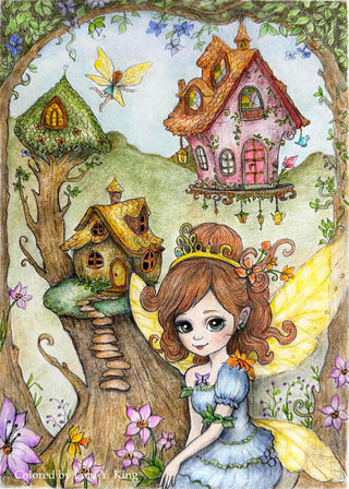 Fairy World - Grayscale coloring page version 5, printable adult coloring art by Julia Spiri