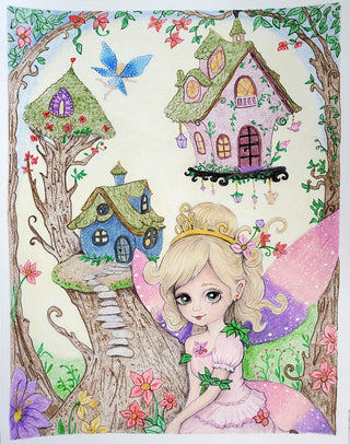 Fairy World - High-quality printable art, grayscale coloring page for relaxation