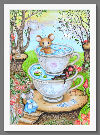 Mouse Spa - Grayscale coloring page version 4, printable adult coloring art by Julia Spiri