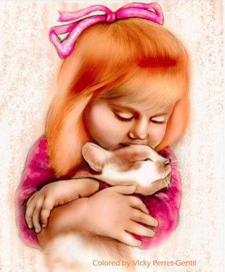 Grayscale Coloring Page, Little Girl with Cat. Tenderness - The Art of Julia Spiri