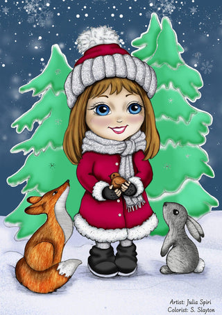 Coloring Page, Whimsy Cute Girl with folk and bunny. Winter walk - The Art of Julia Spiri