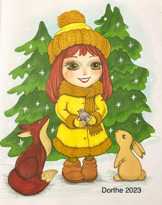 Coloring Page, Whimsy Cute Girl with folk and bunny. Winter walk - The Art of Julia Spiri