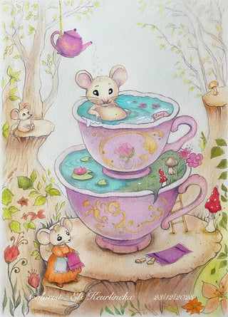 Mouse Spa - Grayscale coloring page version 6, printable adult coloring art by Julia Spiri