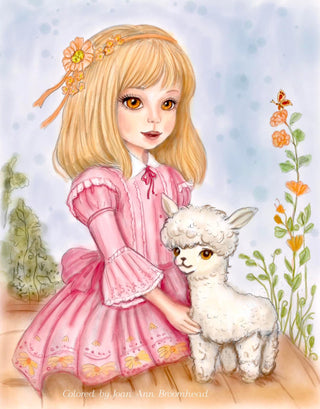 Grayscale Coloring Page. Jenny and her Little Alpaca