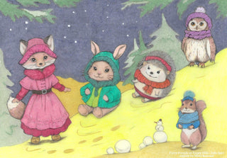 Página para colorear en escala de grises. Amigos peludos en Frosty Hills