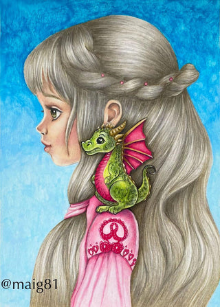 Grayscale Coloring Page. A Petite Princess Kaira and her Lovable Dragon Sidekick