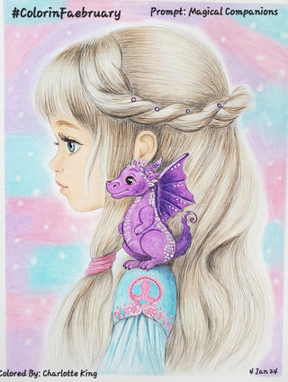 Grayscale Coloring Page. A Petite Princess Kaira and her Lovable Dragon Sidekick