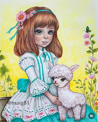 Grayscale Coloring Page. Jenny and her Little Alpaca