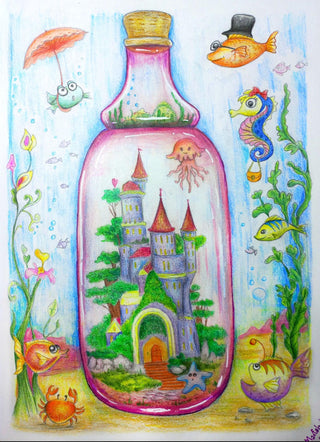 Whimsical World - Grayscale coloring page version 4, printable adult coloring art by Julia Spiri
