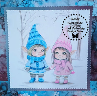 Grayscale Coloring Page. Little Gnomes in Winter