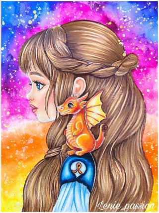 Grayscale Coloring Page. A Petite Princess Kaira and her Lovable Dragon Sidekick