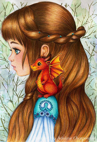 Grayscale Coloring Page. A Petite Princess Kaira and her Lovable Dragon Sidekick