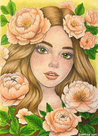 Portrait of a Peony Enchantress - Grayscale coloring page version 6, printable adult coloring art by Julia Spiri