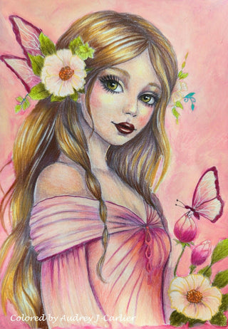 A Fairy's Grace - Grayscale coloring page version 6, printable adult coloring art by Julia Spiri