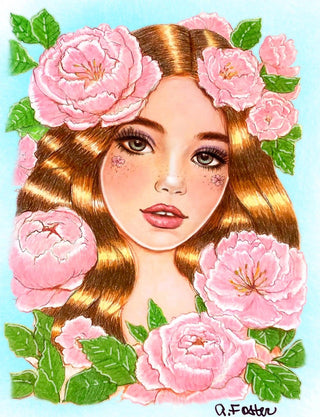 Portrait of a Peony Enchantress - Grayscale coloring page version 7, printable adult coloring art by Julia Spiri