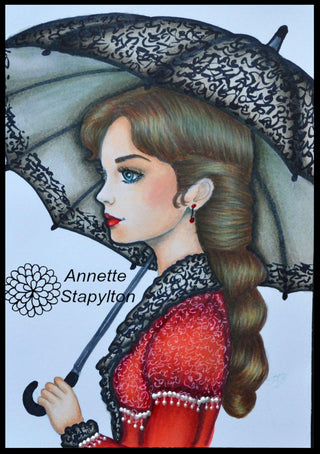 Grayscale Coloring Page, Fantasy Girl. Enchanting Rainfall