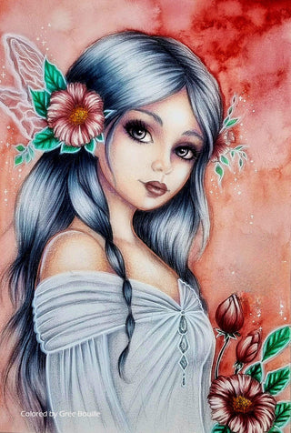 A Fairy's Grace - Grayscale coloring page version 5, printable adult coloring art by Julia Spiri