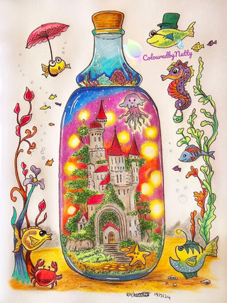 Whimsical World - Grayscale coloring page version 5, printable adult coloring art by Julia Spiri