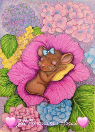 A Hydrangea Bed for the Sleeping Sweet Mouse - Grayscale coloring page version 9, printable adult coloring art by Julia Spiri