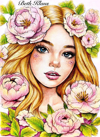 Portrait of a Peony Enchantress - Grayscale coloring page version 4, printable adult coloring art by Julia Spiri