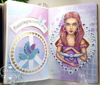 Page de coloriage en niveaux de gris, fille avec colombe. Paix