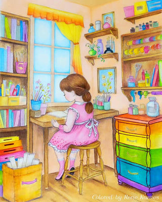 The Crafting Corner - Grayscale coloring page version 5, printable adult coloring art by Julia Spiri