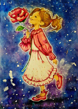 Grayscale Coloring Page, Little Girl with Flower. Blooming Joy