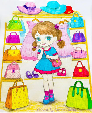 Grayscale Coloring Page, Little Girl and her Closet. Coquette's Dilemma: Picking the Ideal Bag.