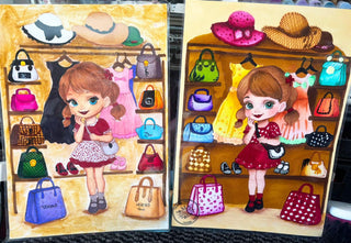 Grayscale Coloring Page, Little Girl and her Closet. Coquette's Dilemma: Picking the Ideal Bag.