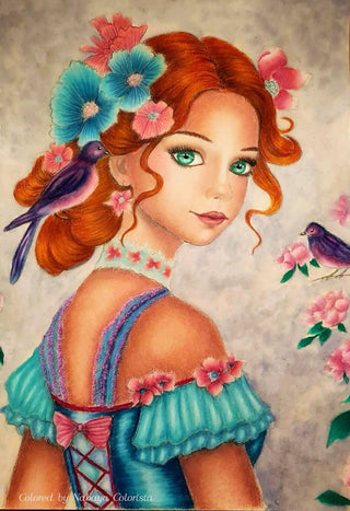 The Birdsong Muse - Grayscale coloring page version 6, printable adult coloring art by Julia Spiri