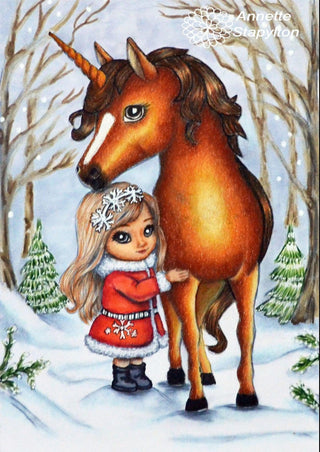 The Winter Unicorn and Little Whimsy - Grayscale coloring page version 4, printable adult coloring art by Julia Spiri