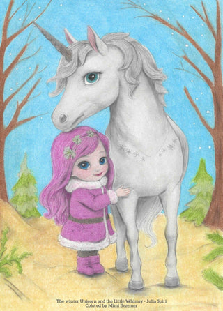 The Winter Unicorn and Little Whimsy - High-quality printable art, grayscale coloring page for relaxation