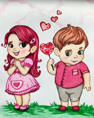 Coloring Page, Cute Girl and Boy, Couple in love. Sweet love