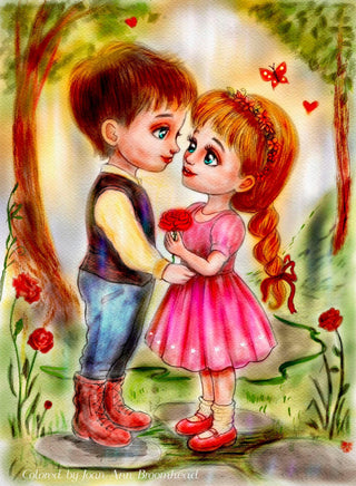 Grayscale Coloring Page, Girl and Boy in Love. Innocent Romance