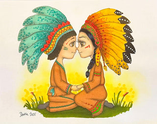Página para colorear, niña y niño, indios americanos, beso. El amor es