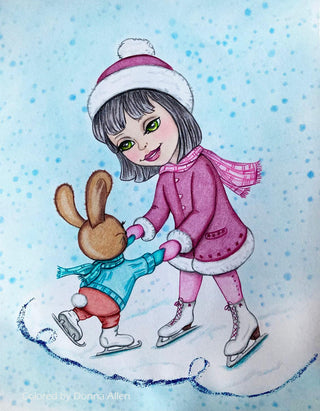 Coloring Page, Girl Skating with Rabbit in Winter. Skate with me